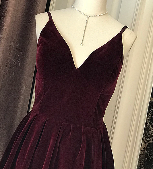 Wine Red Velvet Short V Back Homecoming Dress Party Dress, Dark Red Short Prom Dress gh63