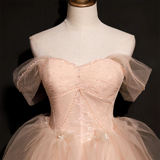 Pink Tulle Princess Beaded And Lace Long Formal Dress, Pink Party Dress Evening Dress gh90