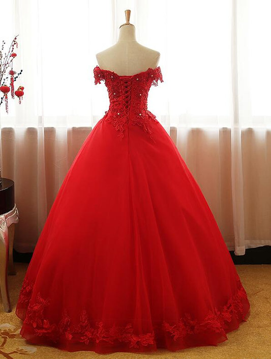 Red Off Shoulder Long Party Dress, A-Line Tulle Evening Dress Formal Gown gh102