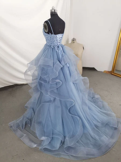 Beautiful Blue Straps Tulle Layers Long Party Dresses, Blue Evening Dresses Prom dress  gh20