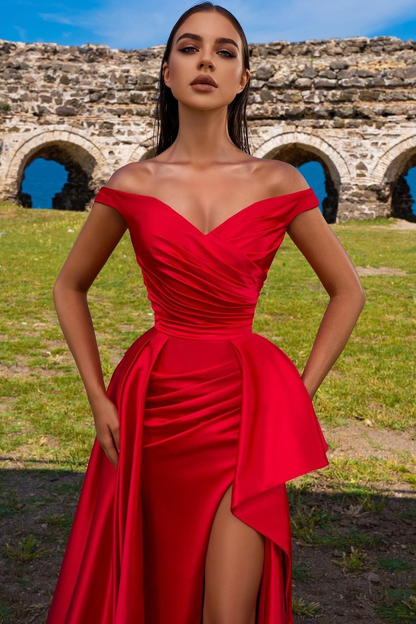 Red Off-The-Shoulder Mermaid Prom Dress With Split  gh664