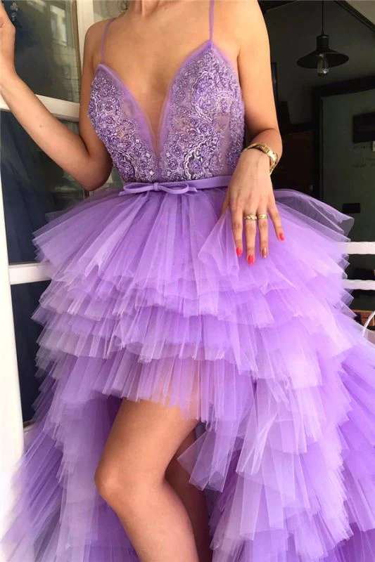 Spaghetti straps purple tulle prom dresses applique beaded v-neck long evening party dress  gh982