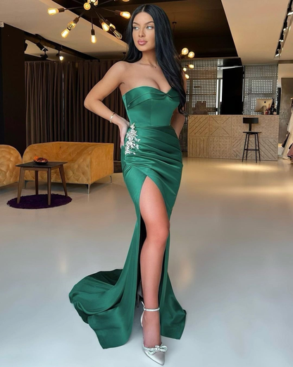 Emerald Green Sweetheart Sleeveless Mermaid Prom Dress Split With Rhinestones  gh725