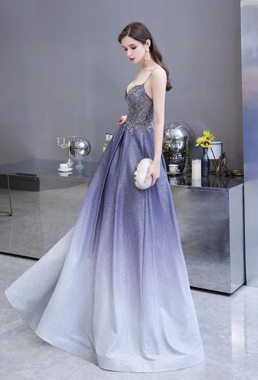 Beautiful Lavender Gradient Beaded Straps Long Formal Dress, A-Line Low Back Prom Dress  gh110