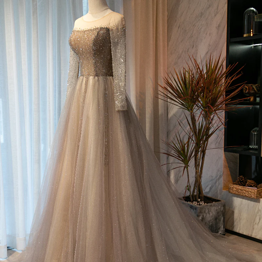 Light Grey Beaded Long Sleeves Fashionable Tulle Evening Dress, Tulle Grey Prom Dress Party Dress gh91