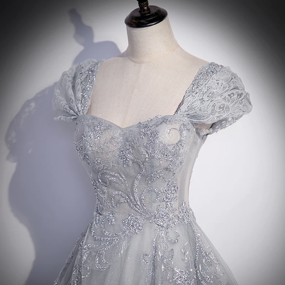 Grey Sweetheart Lace And Tulle A-Line Evening Dress, Light Grey Prom Dress gh54