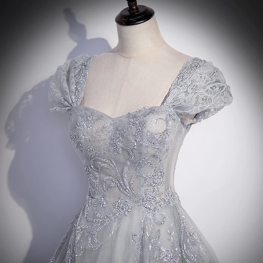 Grey Sweetheart Lace And Tulle A-Line Evening Dress, Light Grey Prom Dress gh54