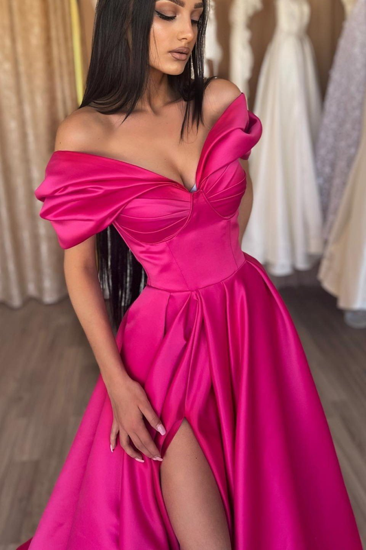 Fuchsia Portrait A-Line Prom Dress With Split gh651