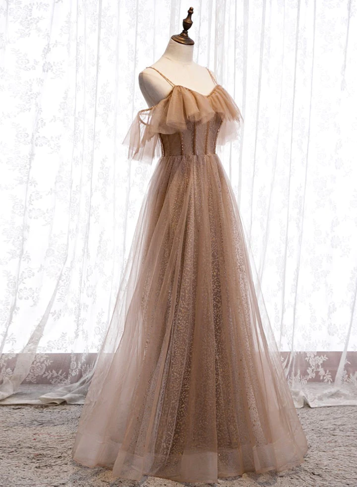 Champagne Tulle Off Shoulder Straps A-Line Prom Dress, Long Evening Dress Party Dress  gh26
