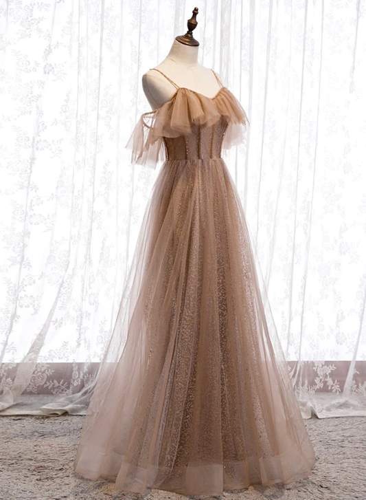 Champagne Tulle Off Shoulder Straps A-Line Prom Dress, Long Evening Dress Party Dress  gh26