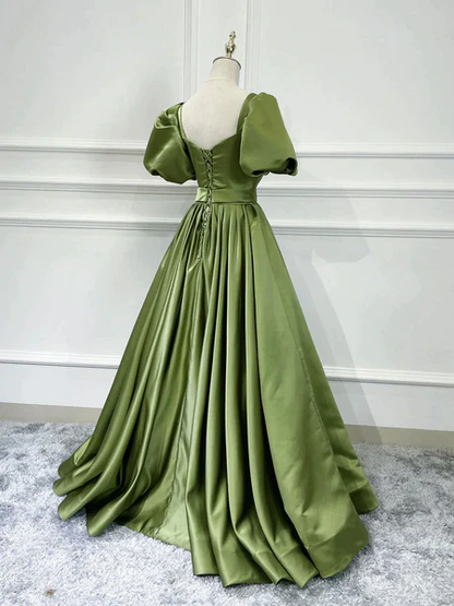 Green Satin Short Sleeves Long Evening Party Dresses, Green Formal Party Dresses gh0002