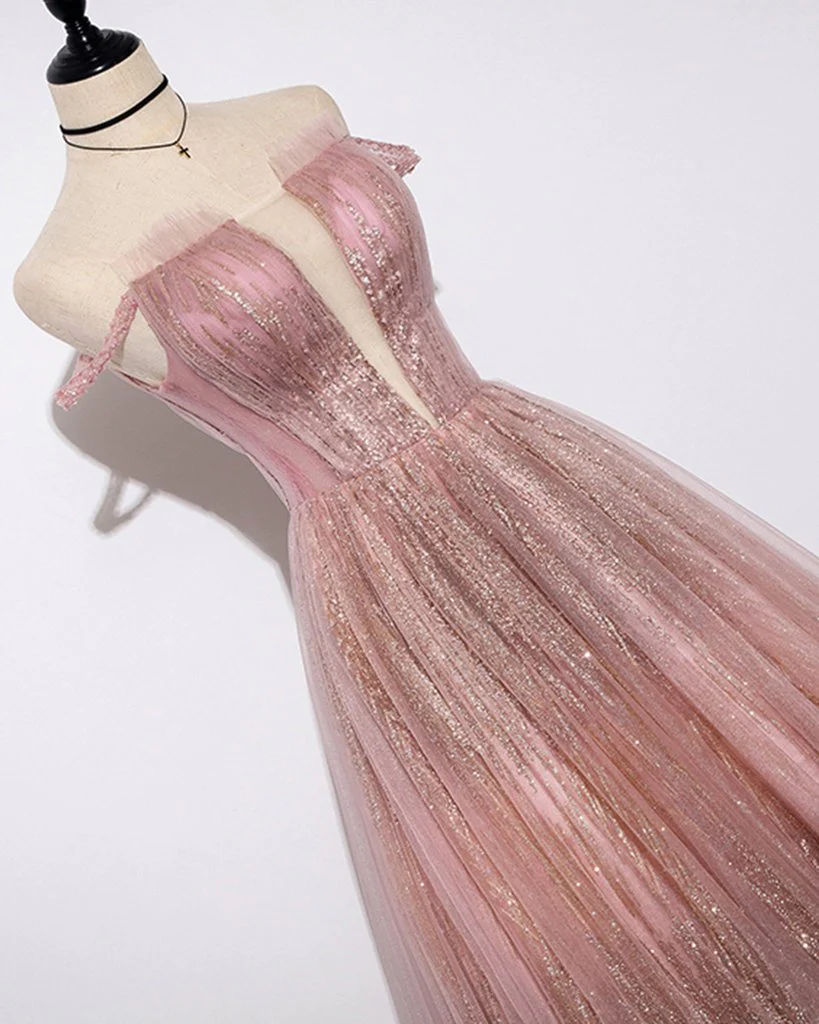 Unique Pink Sequins Tulle Off Shoulder Long Custom Size Senior Prom Dress gh329