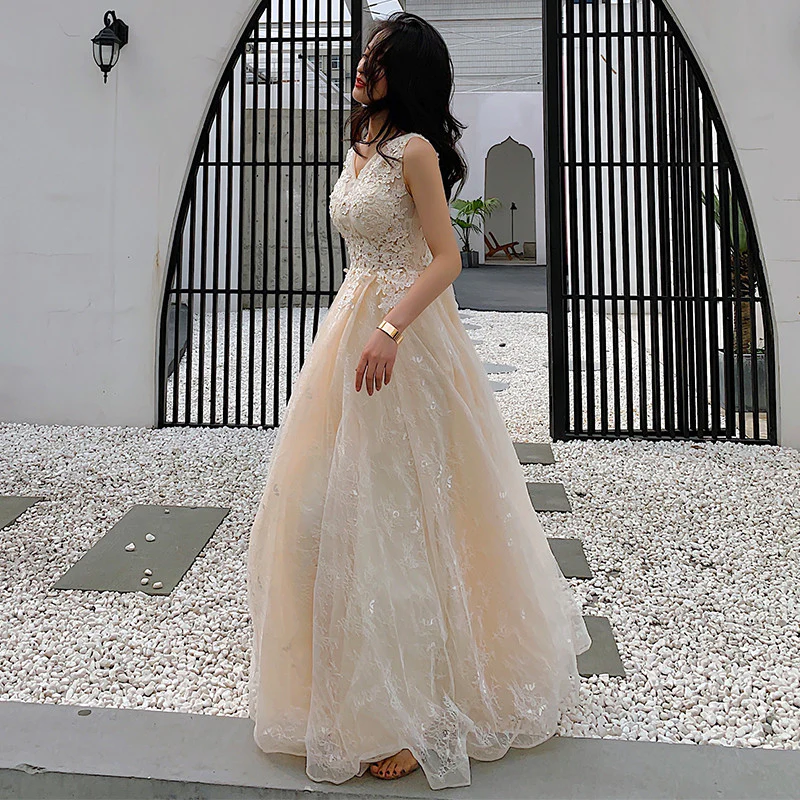 Champagne Lace V-Neckline Tulle Long Evening Dress Prom Dress, A-Line Lace Formal Dresses gh79