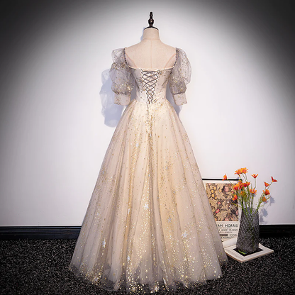 Light Champagne Short Sleeves Tulle Long Formal Dress, A-Line Floor Length Party Dresses  gh15