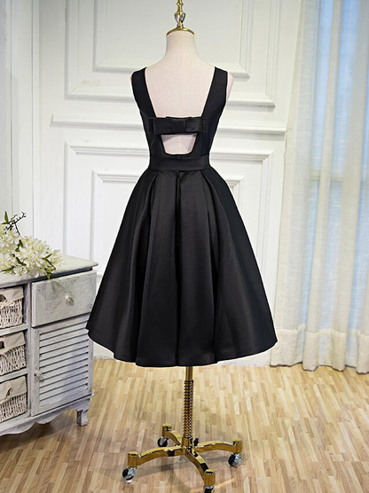 Black elegant cute simple knee-length mid-length satin homecoming dress prom dress evening dress party dress gh188