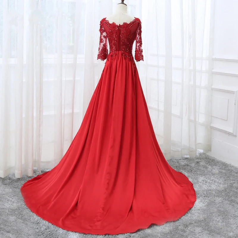 Beautiful Red Satin Short Sleeves Long Party Dress, Red Prom Dress gh187