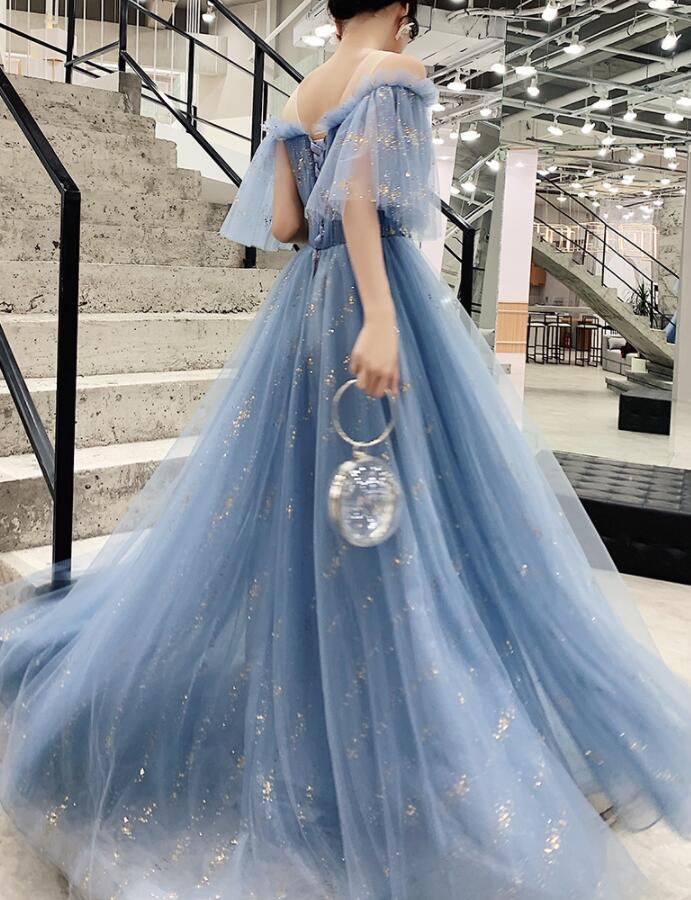 Light Blue Tulle Off Shoulder With White Lace Party Dress, Blue Formal Dress Gowns  gh32