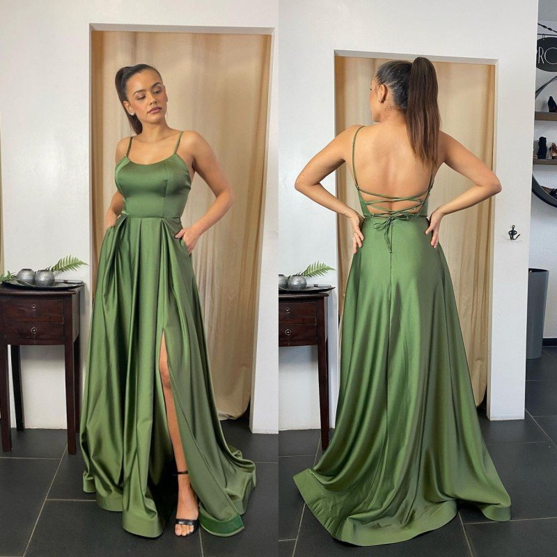 Spaghetti-Straps Prom Dress Long With Pocket gh620