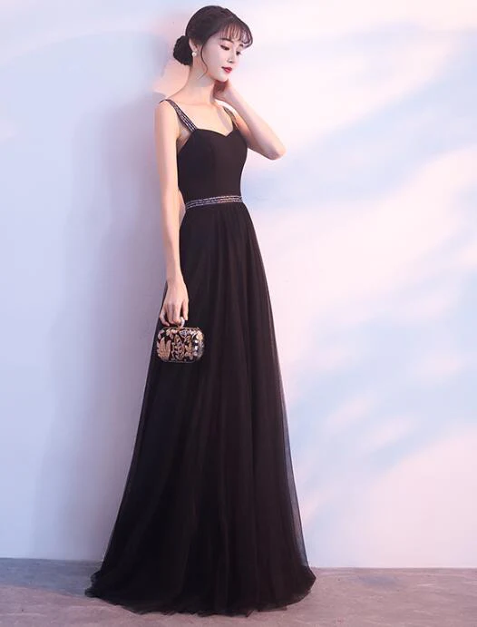 Charming Black Straps Long Tulle Party Dress, Handmade Formal Dress gh526