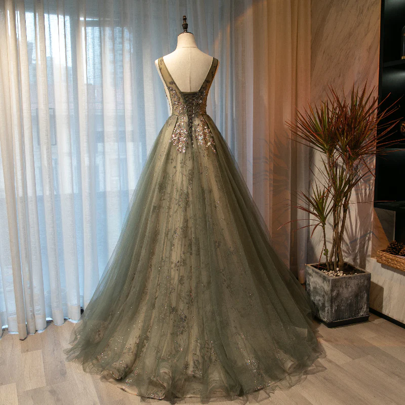 Beautiful Tulle With Applique Light Green Round Neckline Prom Dress, Low Black Long Formal Dress  gh92