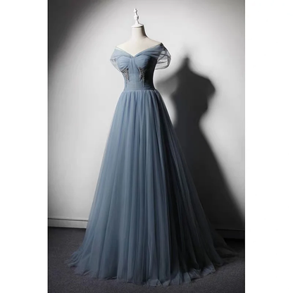 Grey-Blue Tulle Off Shoulder Beaded Long Prom Dress Party Dress, Long Evening Gowns  gh16