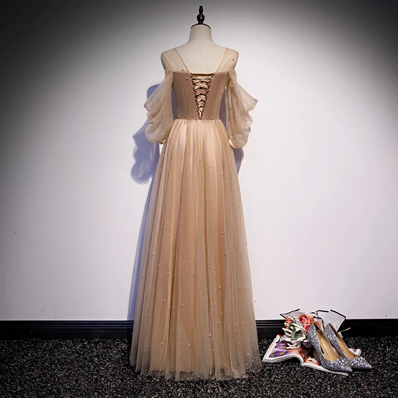 Champagne Tulle Long Puffy Sleeves Party Dresses, Beautiful Floor Length Prom Dresses  gh31