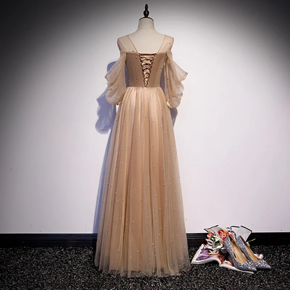Champagne Tulle Long Puffy Sleeves Party Dresses, Beautiful Floor Length Prom Dresses  gh31