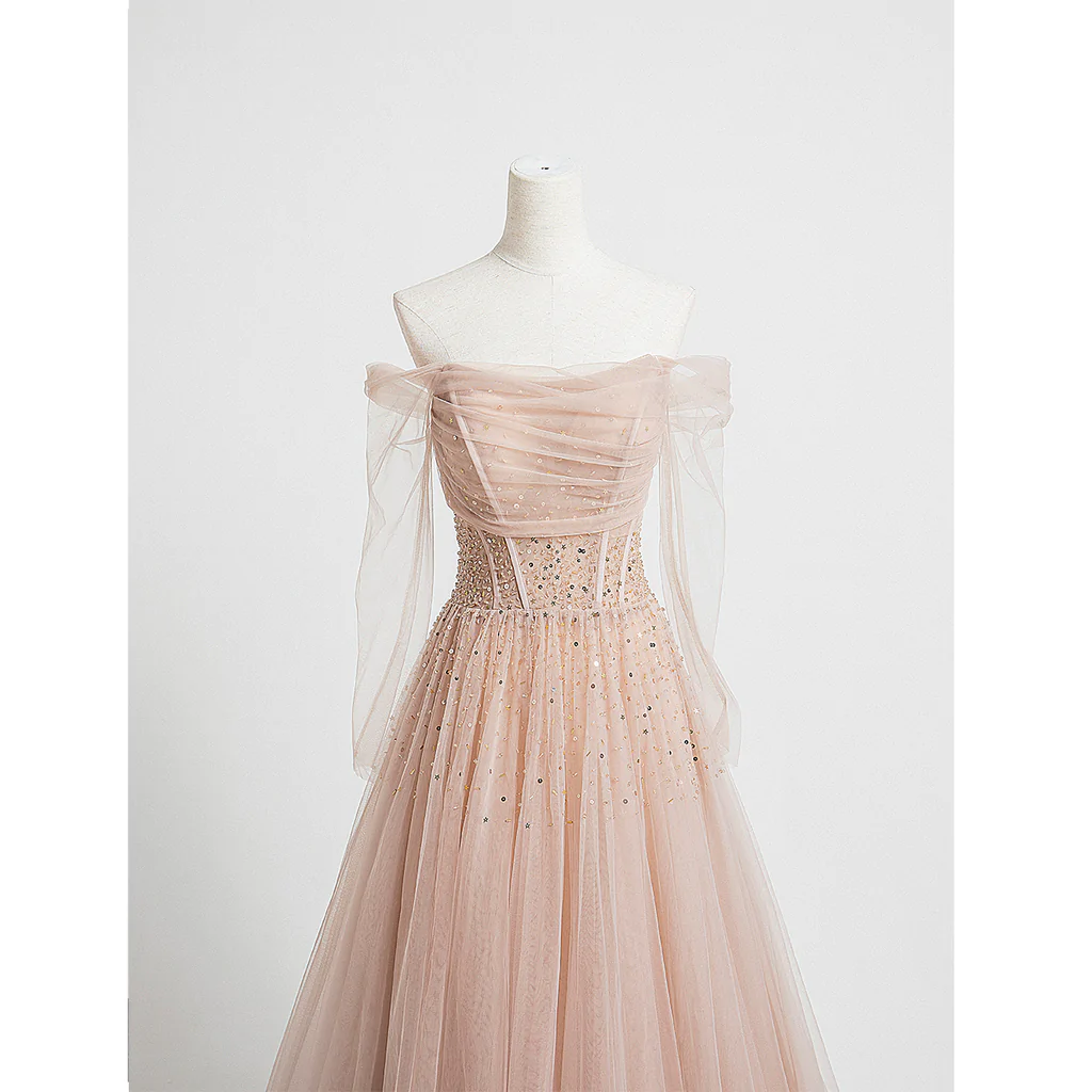 Pearl Pink Off Shoulder Long Sleeves Sequins Prom Dress, A-Line Party Dress Formal Dress  gh228