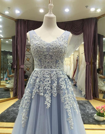 Light Blue V-Neckline Long Prom Dress, Blue Junior Prom Dress  gh464
