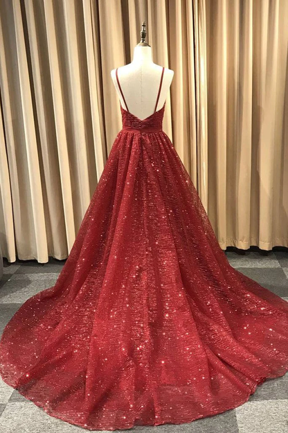 A Line V Neck Navy Blue Shiny Long Prom Dresses, Charming Blue Tulle Party Dress Evening Dress  gh115