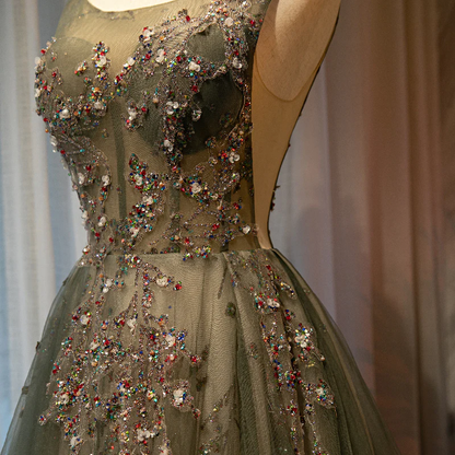Beautiful Tulle With Applique Light Green Round Neckline Prom Dress, Low Black Long Formal Dress  gh92