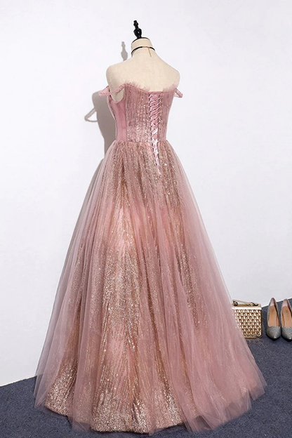 Unique Pink Sequins Tulle Off Shoulder Long Custom Size Senior Prom Dress gh329