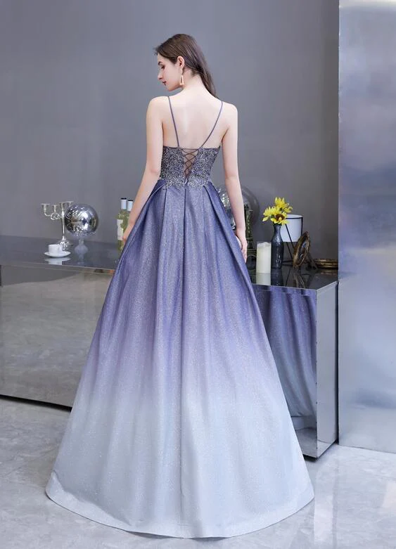 Beautiful Lavender Gradient Beaded Straps Long Formal Dress, A-Line Low Back Prom Dress  gh110