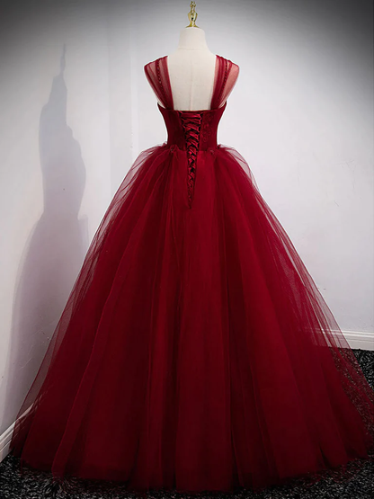 Gorgeous Wine Red Tulle Ball Gown Long Prom Dress Formal Dress, Burgundy Sweet 16 Dresses  gh14