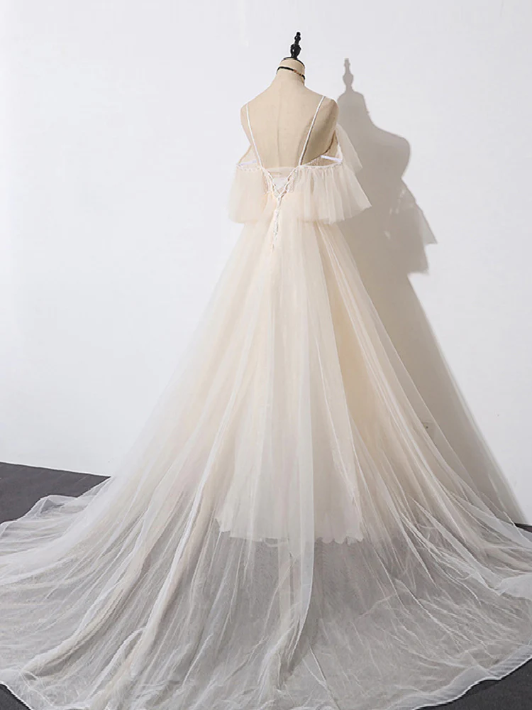 Beautiful Champagne Tulle Long A-Line Party Dress, Evening Gown  gh474