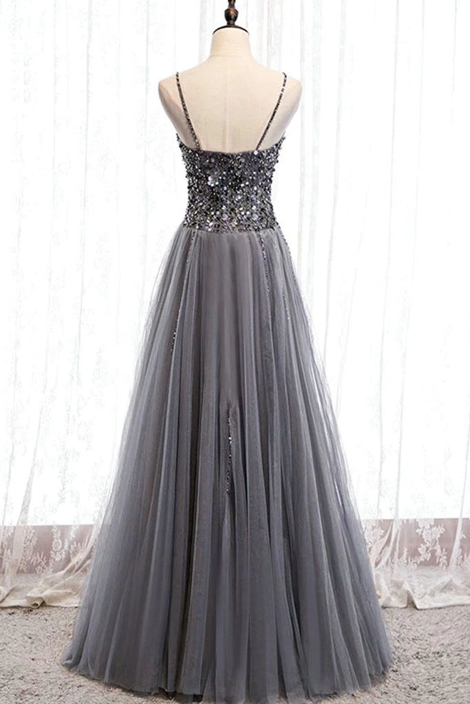 Beautiful Grey Beaded Tulle Prom Dresses, Straps Party Dress  gh194