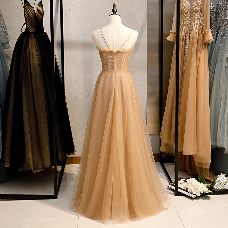 Champagne Sequins Tulle Straps Long Evening Dress Party Dress, Sweetheart Prom Dress  gh25