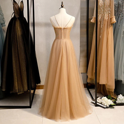 Champagne Sequins Tulle Straps Long Evening Dress Party Dress, Sweetheart Prom Dress  gh25