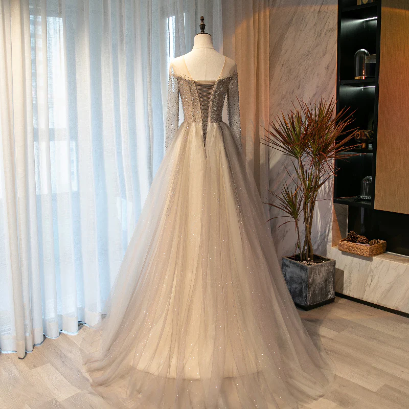 Light Grey Beaded Long Sleeves Fashionable Tulle Evening Dress, Tulle Grey Prom Dress Party Dress gh91