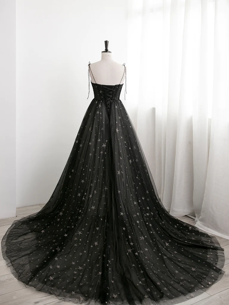 Black Sweetheart Tulle Straps Long Evening Dress, Black Formal Dress Party Dresses   Prom dress gh11