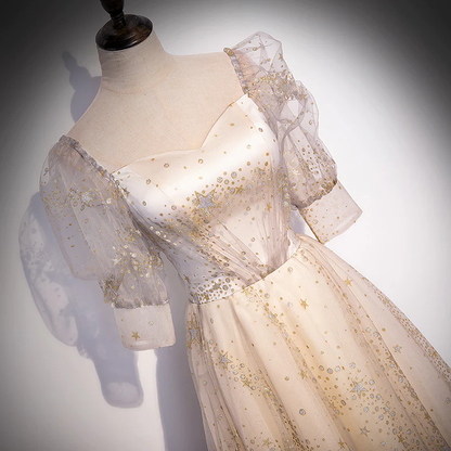 Light Champagne Short Sleeves Tulle Long Formal Dress, A-Line Floor Length Party Dresses  gh15