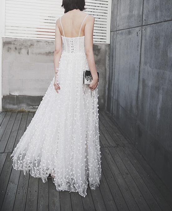 Elegant White Straps Floral Long Prom Dress Party Dress  gh378