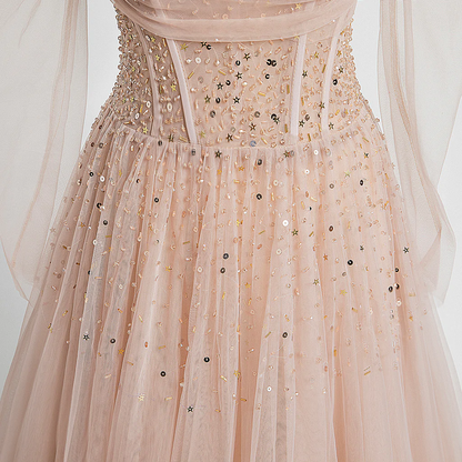 Pearl Pink Off Shoulder Long Sleeves Sequins Prom Dress, A-Line Party Dress Formal Dress  gh228