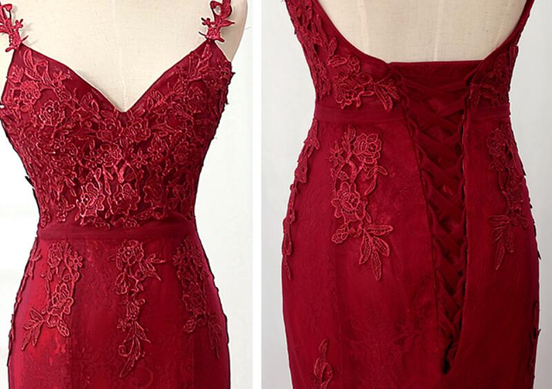 Charming Mermaid Lace Burgundy Prom Dress, Tulle Long Evening Dress gh431
