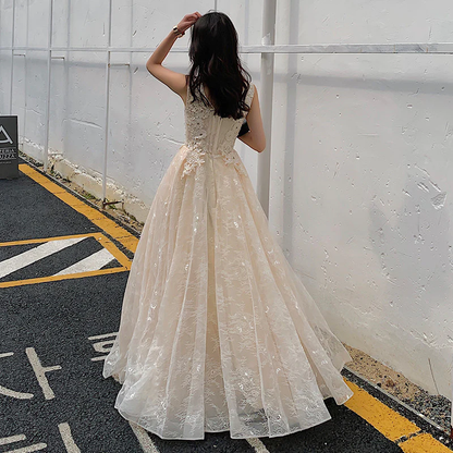 Champagne Lace V-Neckline Tulle Long Evening Dress Prom Dress, A-Line Lace Formal Dresses gh79