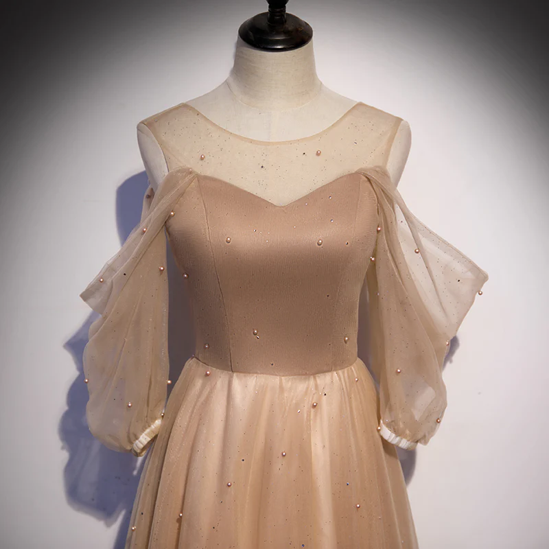 Champagne Tulle Long Puffy Sleeves Party Dresses, Beautiful Floor Length Prom Dresses  gh31