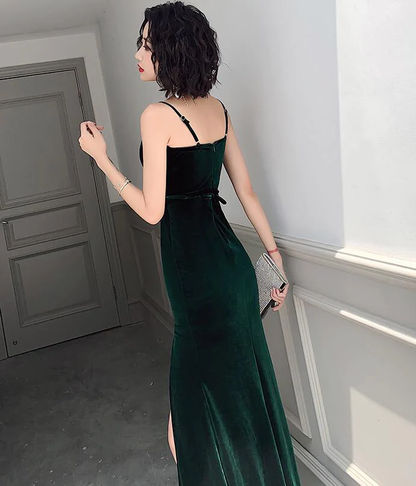 Dark Green Velvet Long Straps Floor Length Party Dress, Green Prom Dress Formal Dress  gh33
