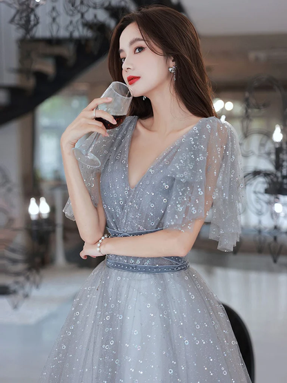 Lovely Grey Shiny Tulle V-Neckline Puffy Sleeves Long Prom Dresses, Grey Evening Dresses  gh24