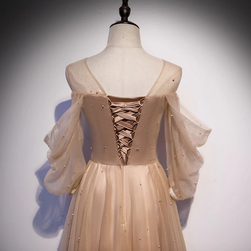 Champagne Tulle Long Puffy Sleeves Party Dresses, Beautiful Floor Length Prom Dresses  gh31