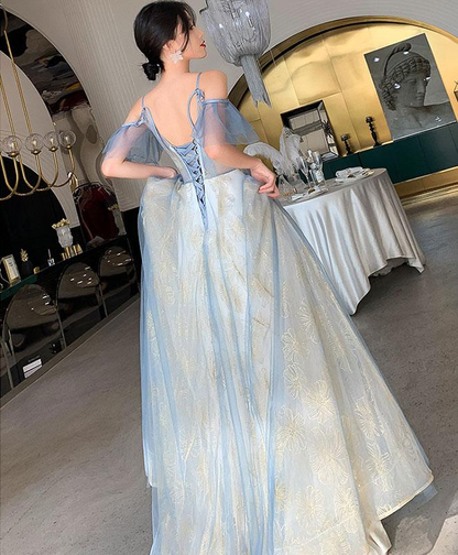 Charming Lace Light Blue V-Neckline Long Prom Dress, A-Line Formal Dress Evening Dress  gh204